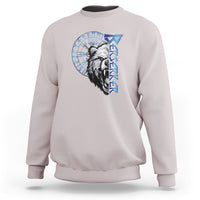 Light gray crewneck sweatshirt with blue rune bear head front graphic