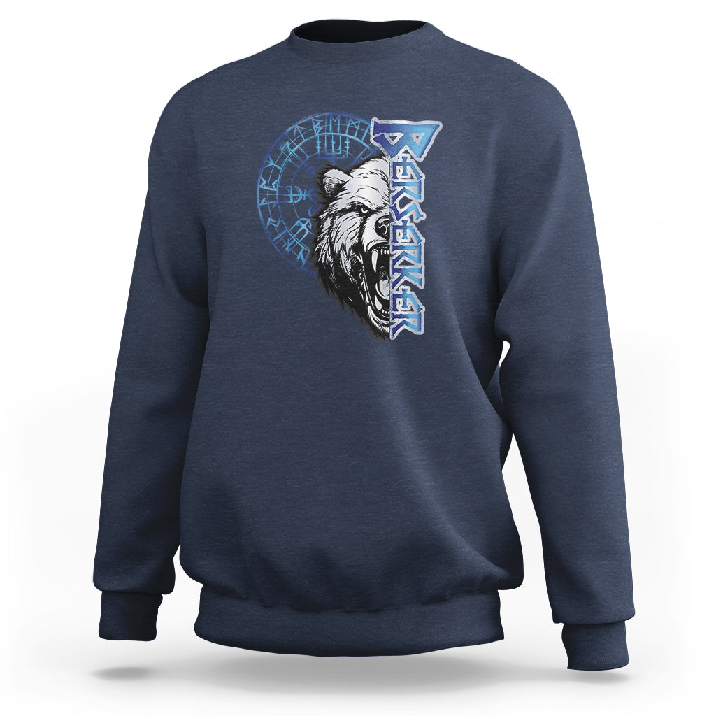 Navy crewneck sweatshirt with blue rune bear head front graphic