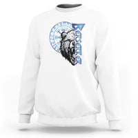 White crewneck sweatshirt with blue rune bear head front graphic
