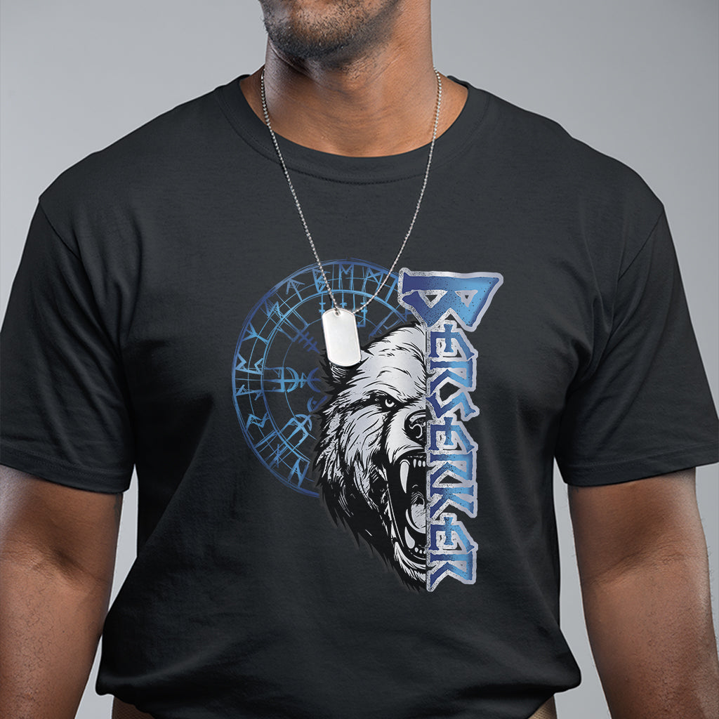 Black short-sleeve T-shirt with white wolf head and blue rune-style front graphic