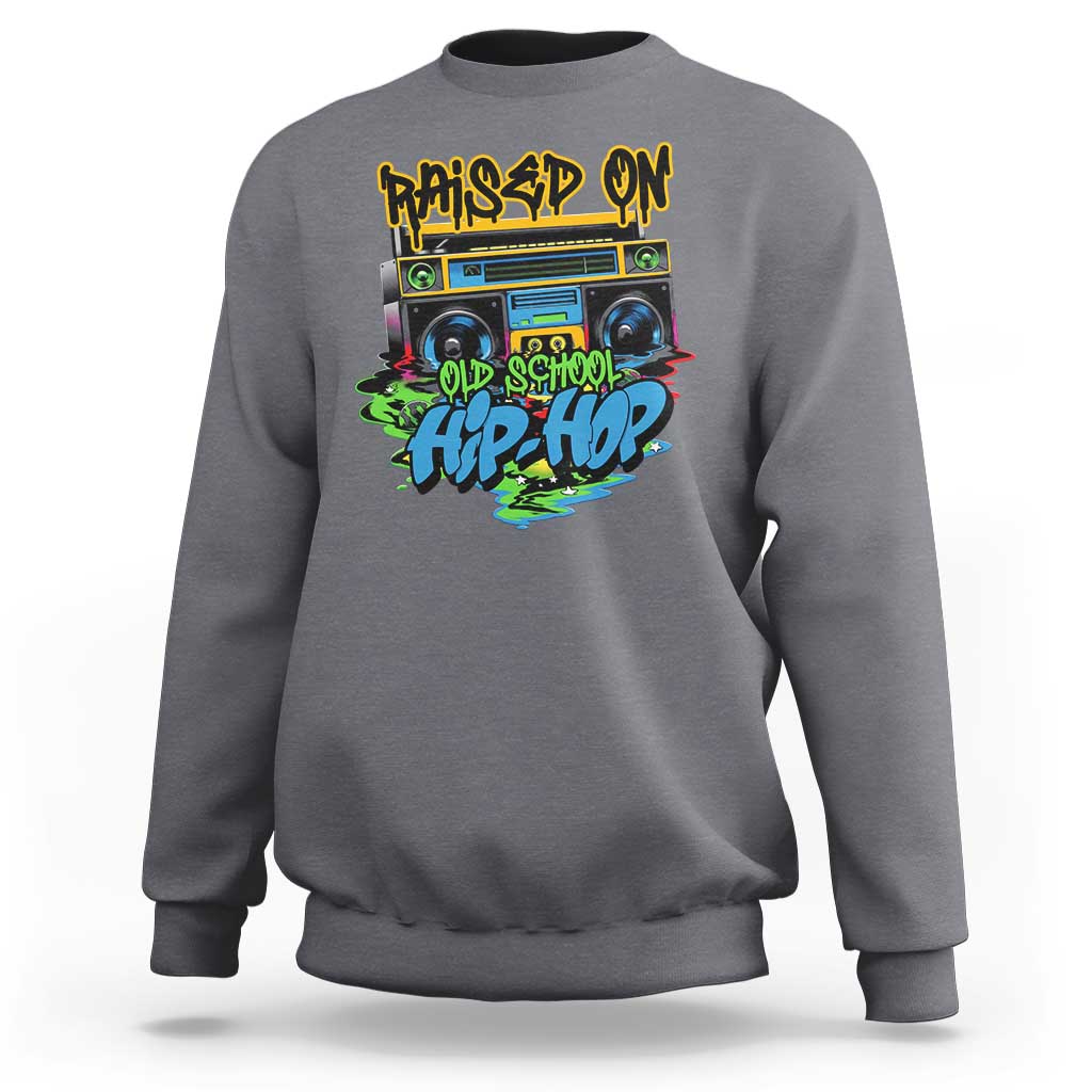 Charcoal gray old school Hip Hop sweatshirt with colorful cassette-style front graphic