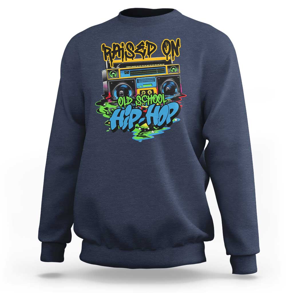 Navy old school Hip Hop sweatshirt with colorful cassette-style front graphic