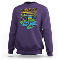 Purple old school Hip Hop sweatshirt with colorful cassette-style front graphic