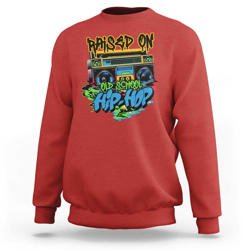 Red old school Hip Hop sweatshirt with colorful cassette-style front graphic