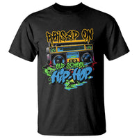 Black hip-hop graphic T-shirt with old-school cassette front print