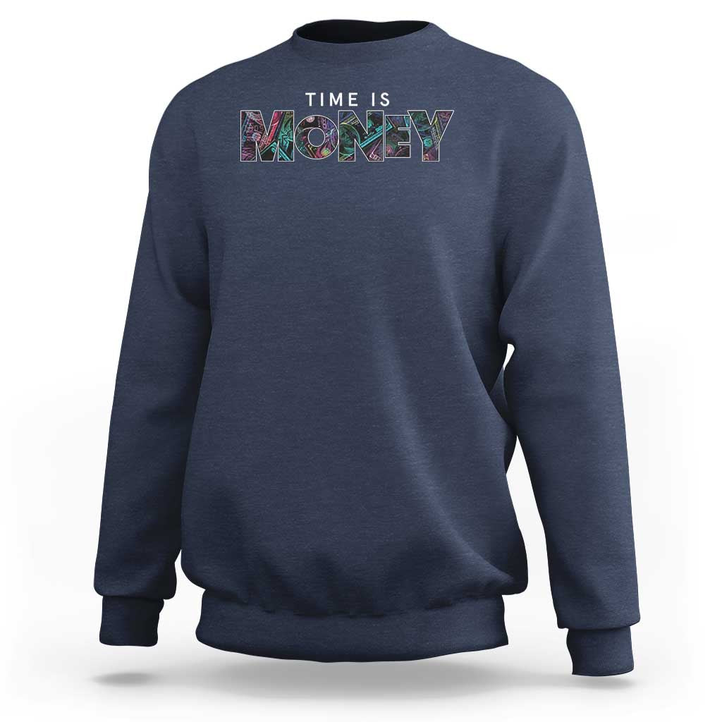 Navy sweatshirt with “Time is Money” front graphic and crew neck