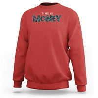 Red sweatshirt with “Time is Money” front graphic and crew neck