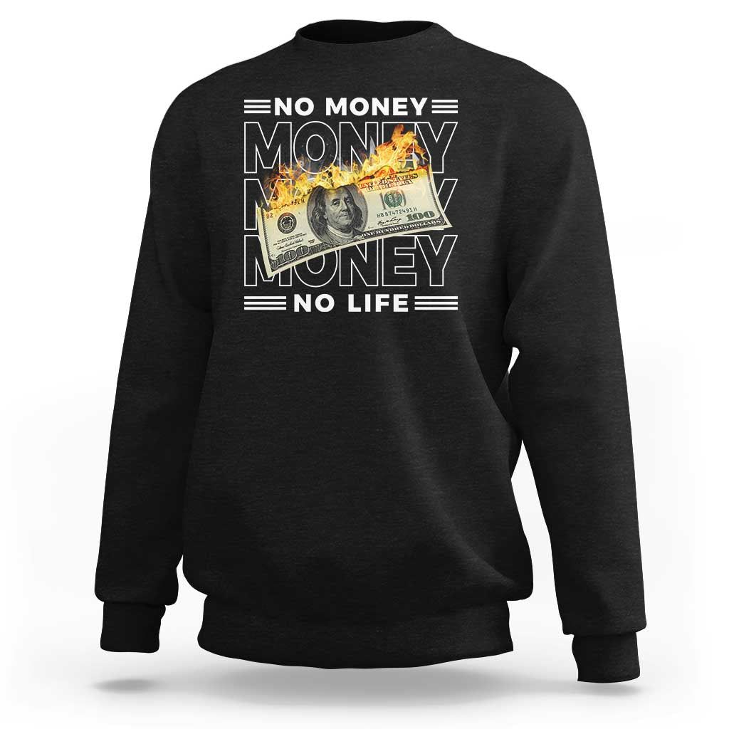 Black graphic sweatshirt with money-themed front print, crew neck, long sleeves