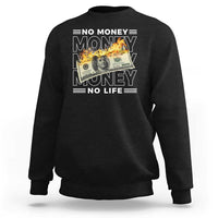 Black graphic sweatshirt with money-themed front print, crew neck, long sleeves