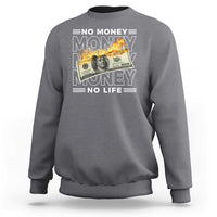 Charcoal graphic sweatshirt with money-themed front print, crew neck, long sleeves