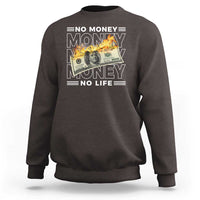 Dark chocolate graphic sweatshirt with money-themed front print, crew neck, long sleeves