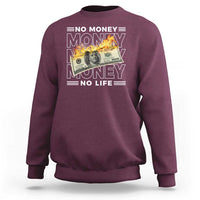 Maroon graphic sweatshirt with money-themed front print, crew neck, long sleeves