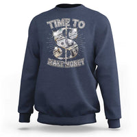 Navy crewneck sweatshirt with 'TIME TO MAKE MONEY' front graphic.