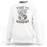 White crewneck sweatshirt with 'TIME TO MAKE MONEY' front graphic.