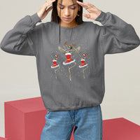 Charcoal Christmas sweatshirt with skeleton dancer and ballerina graphic, long sleeves.