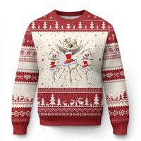 Red crewneck sweater with dancing reindeer ballet graphic and tree fair isle stripes
