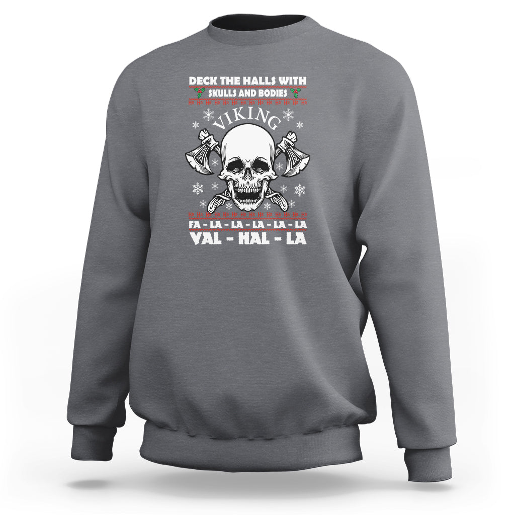 Charcoal gray crewneck sweatshirt with Viking skull holiday graphic on the front.