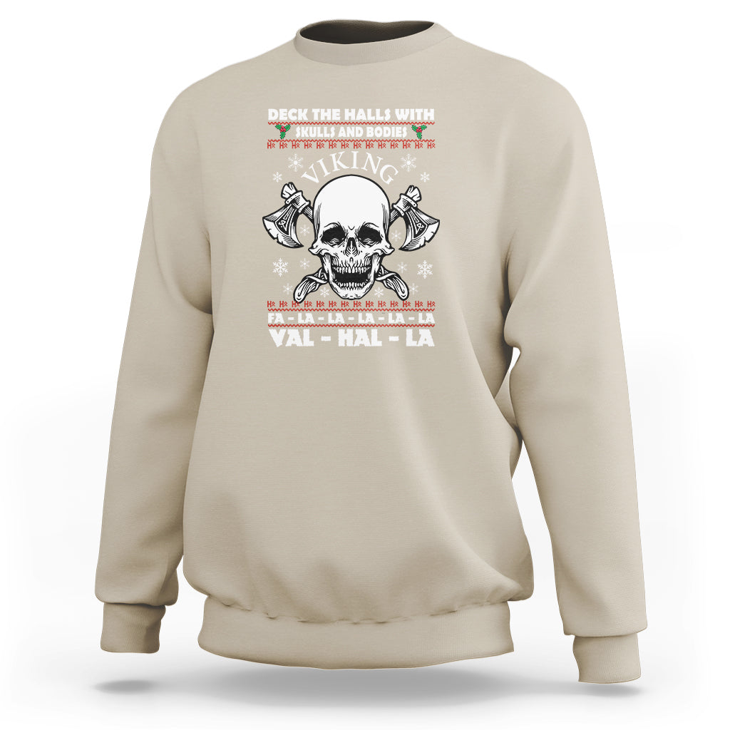 Sand-colored crewneck sweatshirt with Viking skull holiday graphic on the front.