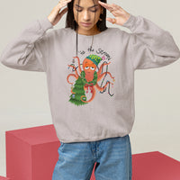 Ice gray Christmas sweatshirt with a colorful octopus holiday graphic on the chest