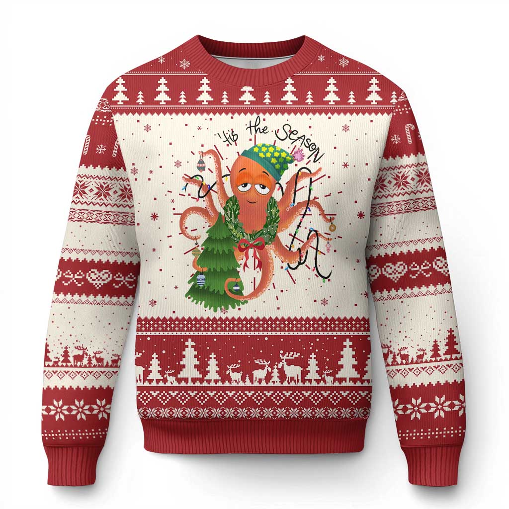 Red crewneck ugly Christmas sweater with octopus graphic and holiday tree pattern