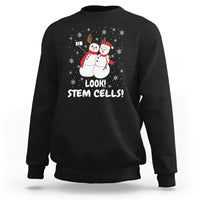 Black crewneck sweatshirt with snowman STEM graphic and 'LOOK! STEM CELLS!'
