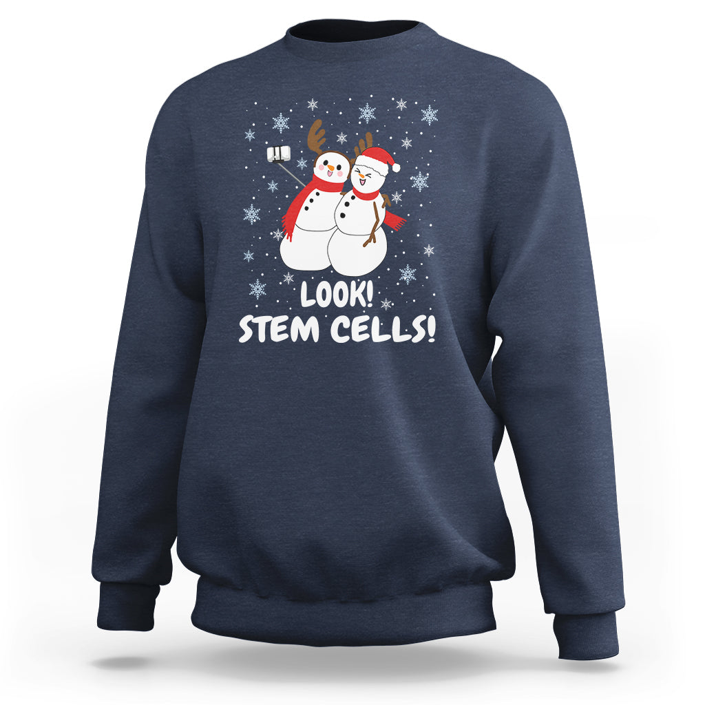 Navy crewneck sweatshirt with snowman STEM graphic and 'LOOK! STEM CELLS!'