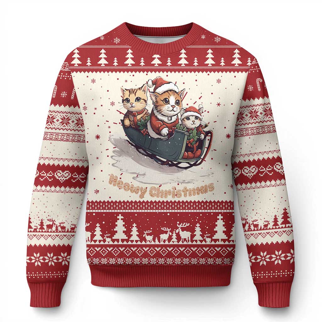 Red and cream ugly Christmas sweater with cat sleigh graphic and snowflake border