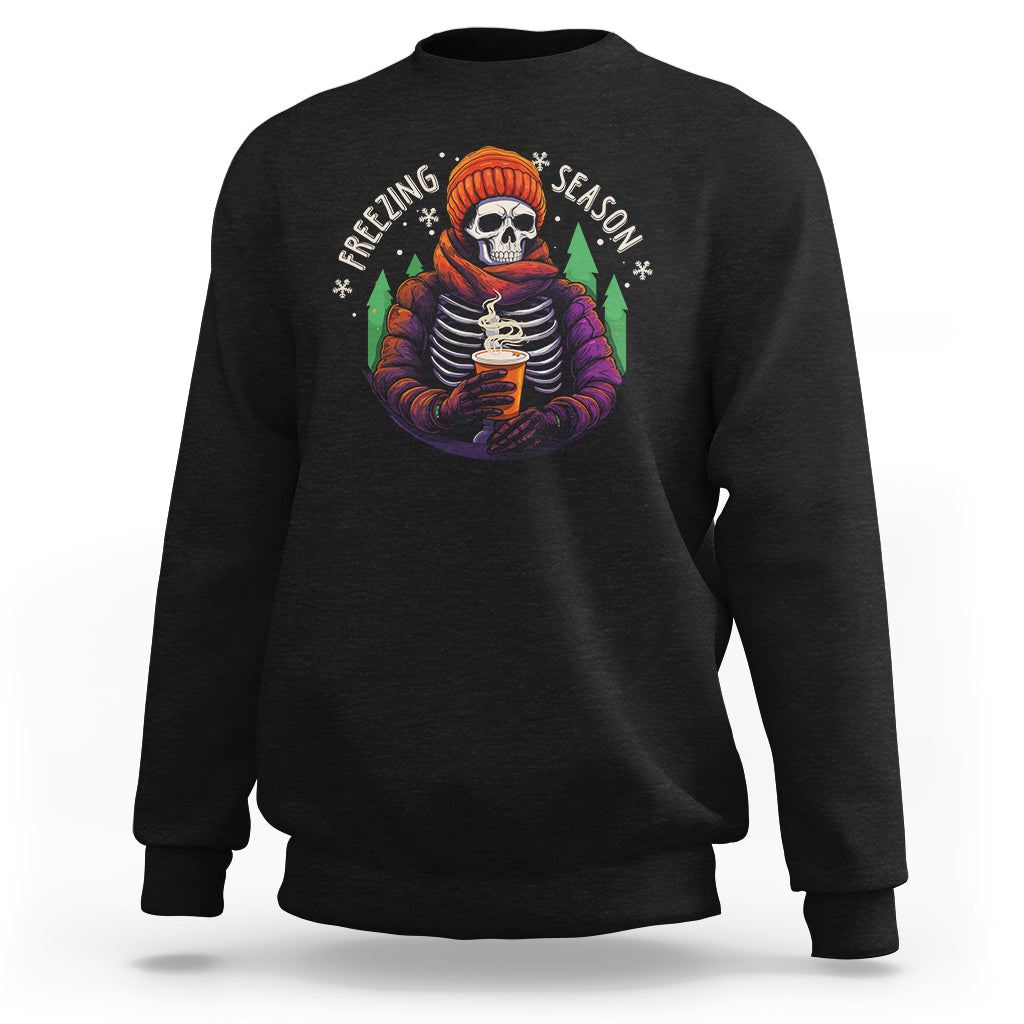 Black crewneck sweatshirt with skeleton holding hot cocoa graphic on the chest