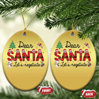 Two gold oval Dear Santa ornaments with "Let's negotiate" text