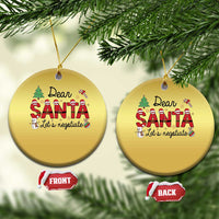 Two gold round Dear Santa ornaments with "Let's negotiate" text, front and back