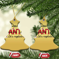 Two gold bell-shaped Dear Santa ornaments with "Let's negotiate" text, front and back