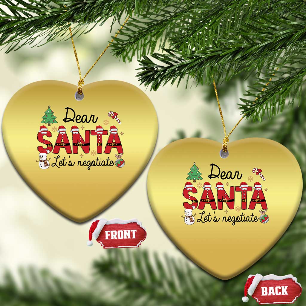 Two gold heart-shaped Dear Santa ornaments with "Let's negotiate" text
