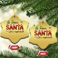 Two gold clover-shaped Dear Santa ornaments with "Let's negotiate" text, front and back