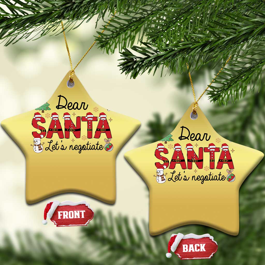 Two gold star-shaped Dear Santa ornaments with "Let's negotiate" text