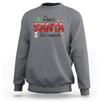 Charcoal gray Christmas sweatshirt with "Dear Santa Let's negotiate" graphic, crewneck long sleeves