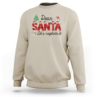 Sand Christmas sweatshirt with "Dear Santa Let's negotiate" graphic, crewneck long sleeves