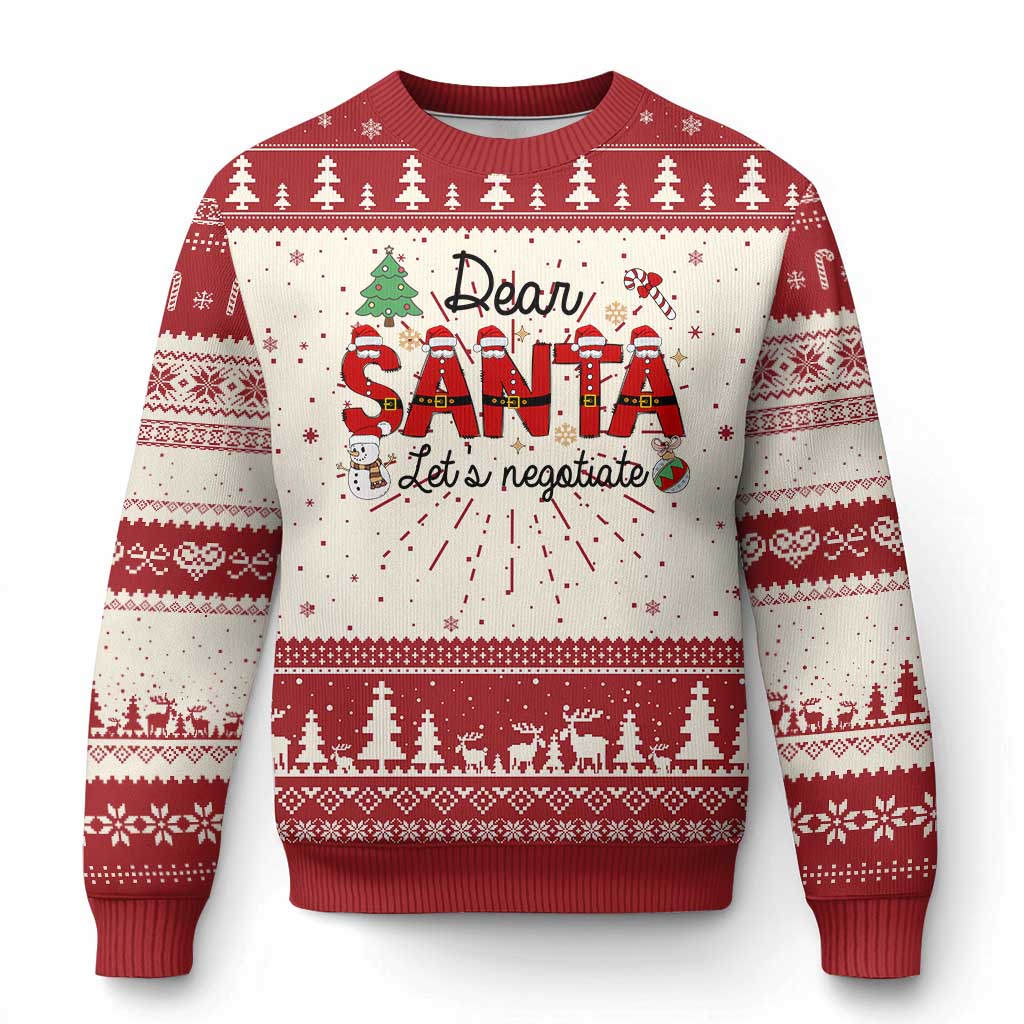 Red ugly Christmas sweater with Dear Santa graphic and fair isle tree pattern