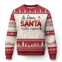 Red ugly Christmas sweater with Dear Santa graphic and fair isle tree pattern