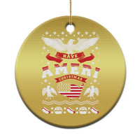 Gold circle Christmas ornament with eagle and “Have Ameri Christmas” patriotic graphic