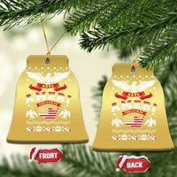 Pair of gold bell-shaped ornaments with eagle and “Have Ameri Christmas” graphic
