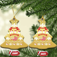 Pair of gold Christmas tree ornaments with eagle and “Have Ameri Christmas” patriotic print