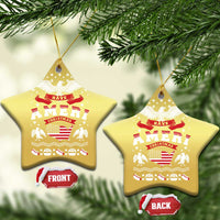 Gold star-shaped ornament with eagle wings and “Have Ameri Christmas” patriotic design