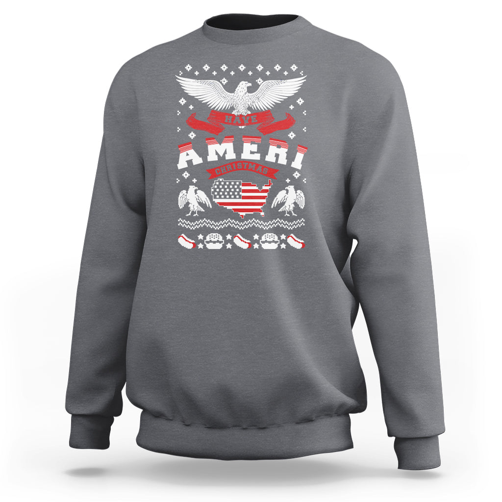 Charcoal gray Christmas sweatshirt with patriotic eagle graphic and USA flag banner