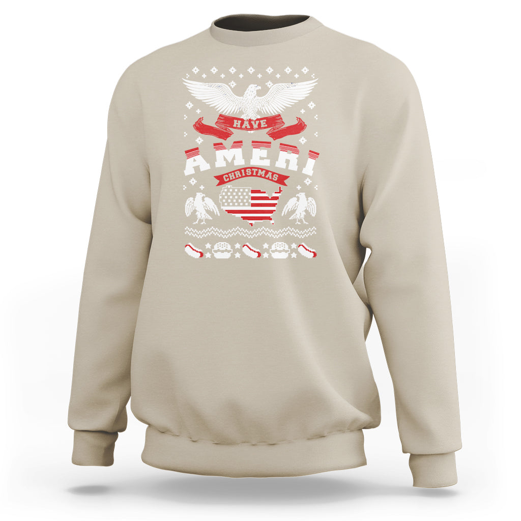 Sand-colored Christmas sweatshirt with patriotic eagle graphic and USA flag banner