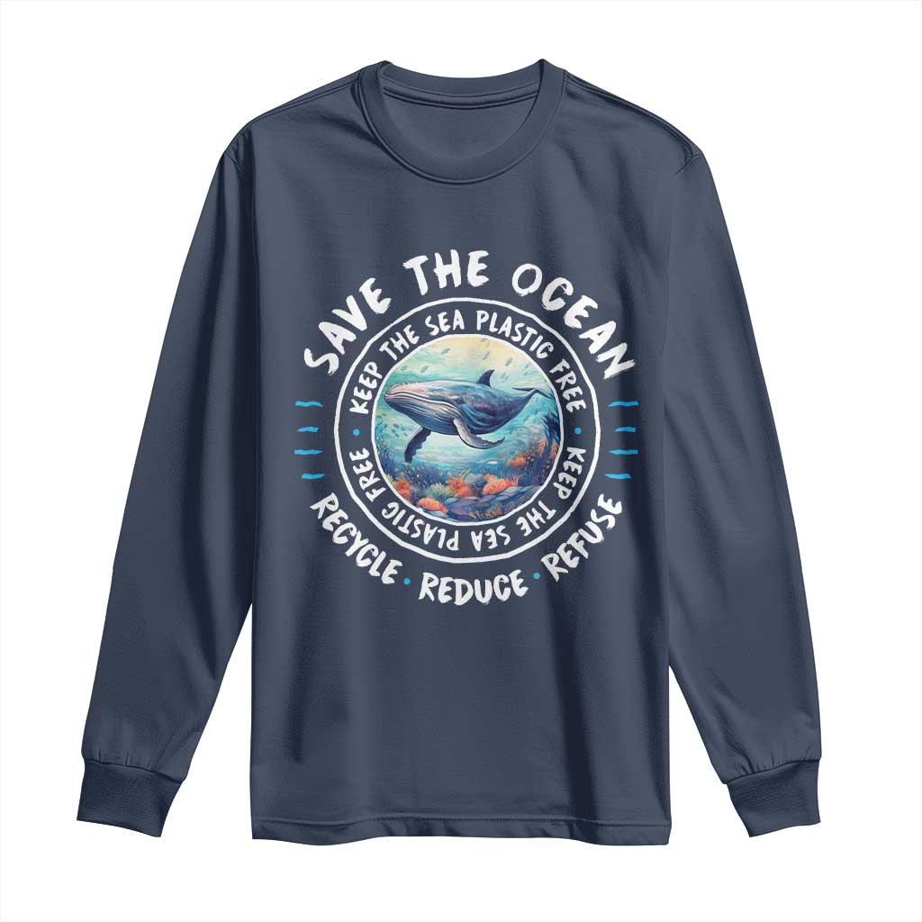 Navy long sleeve shirt with ocean whale graphic and circular "Recycle, Reduce, Refuse" print