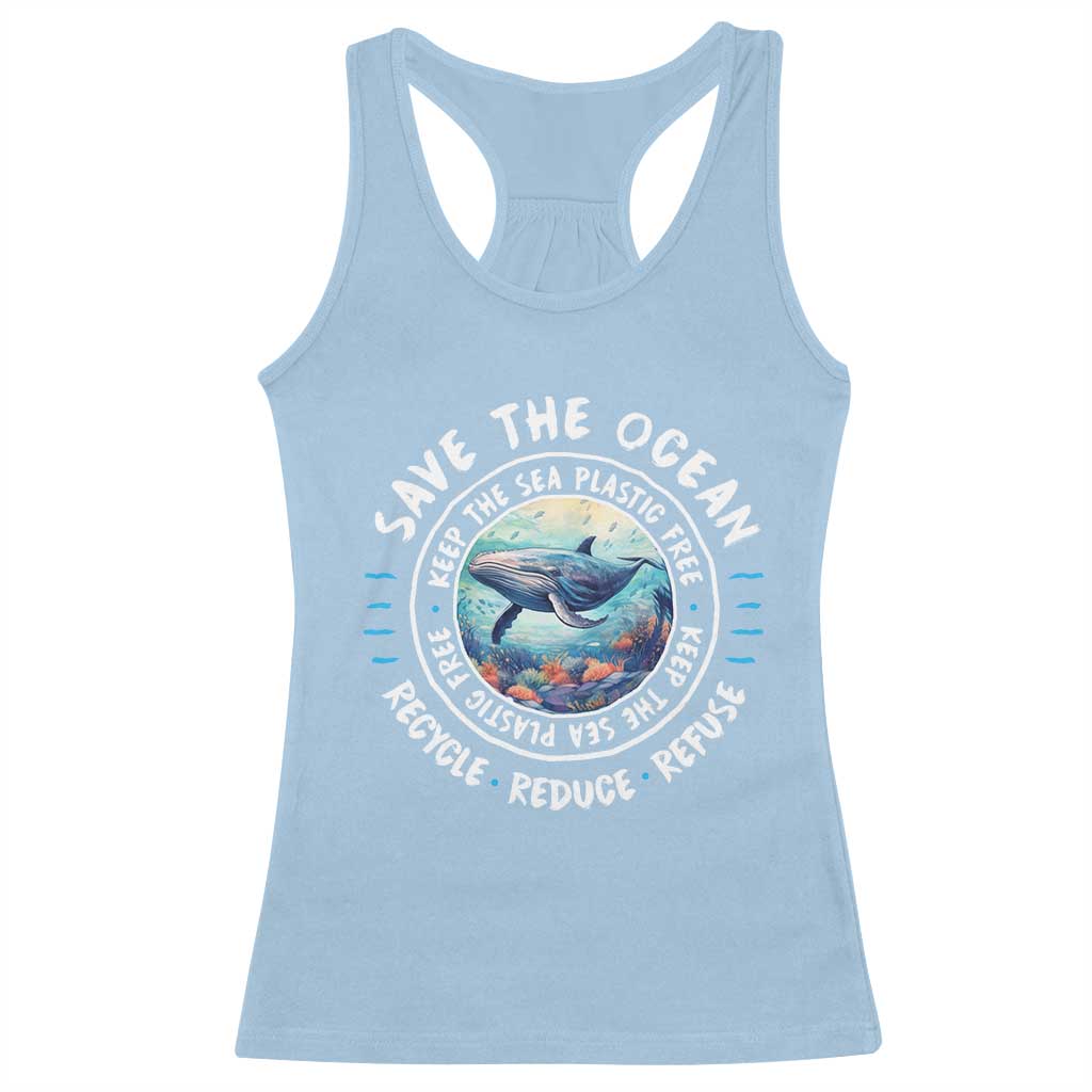 Light blue racerback tank top with whale and ocean message graphic at center