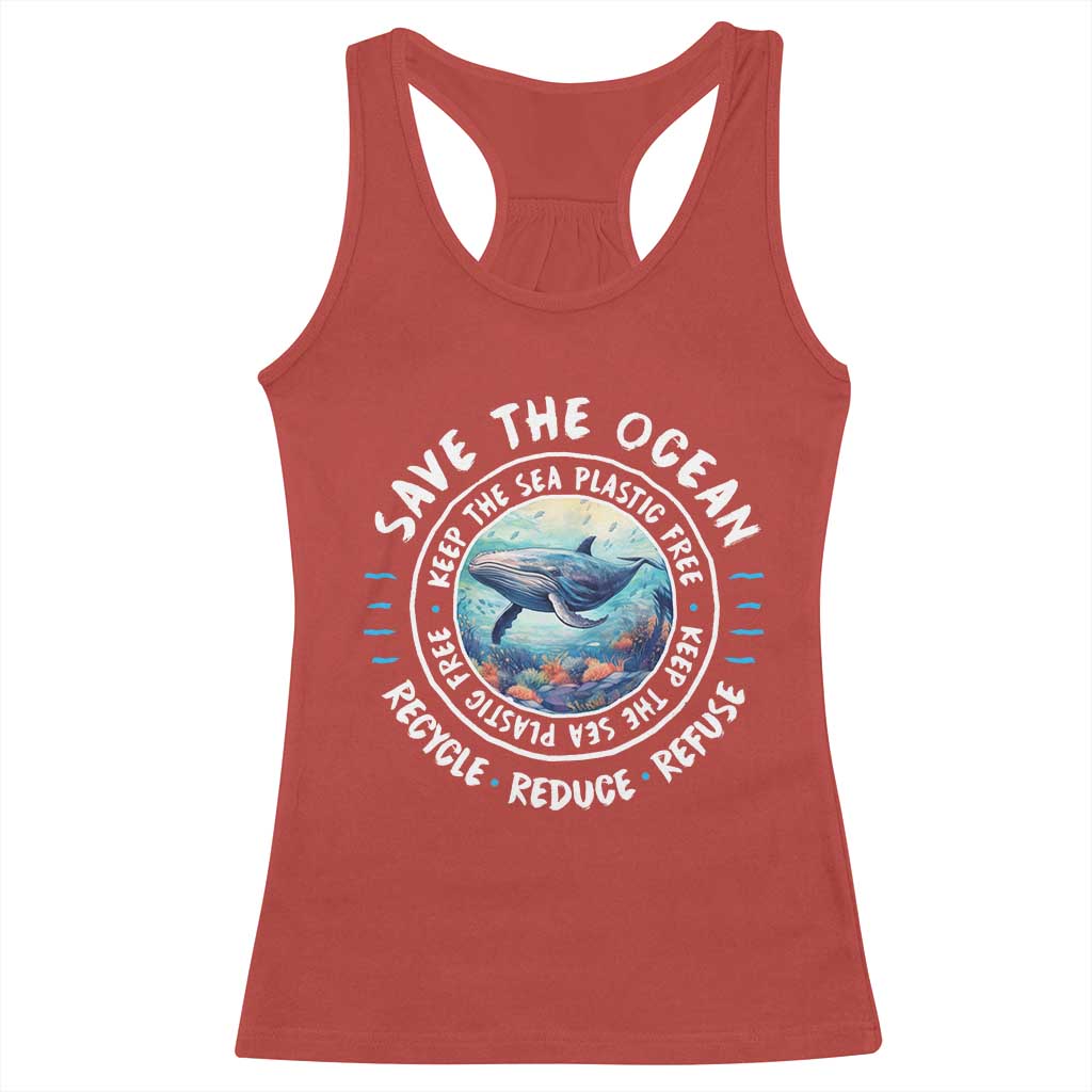 Red racerback tank top with whale and ocean message graphic at center