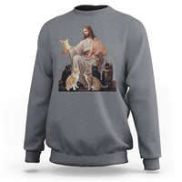Gray sweatshirt with front graphic of Jesus hugging cats