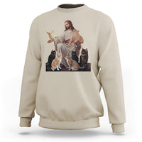 Sand sweatshirt with front graphic of Jesus hugging cats