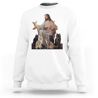 White sweatshirt with front graphic of Jesus hugging cats